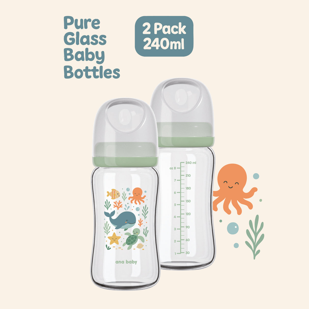 Pure Borosilicate Glass Feeding Bottles – 2 Pack Feeding Bottle Ana Baby