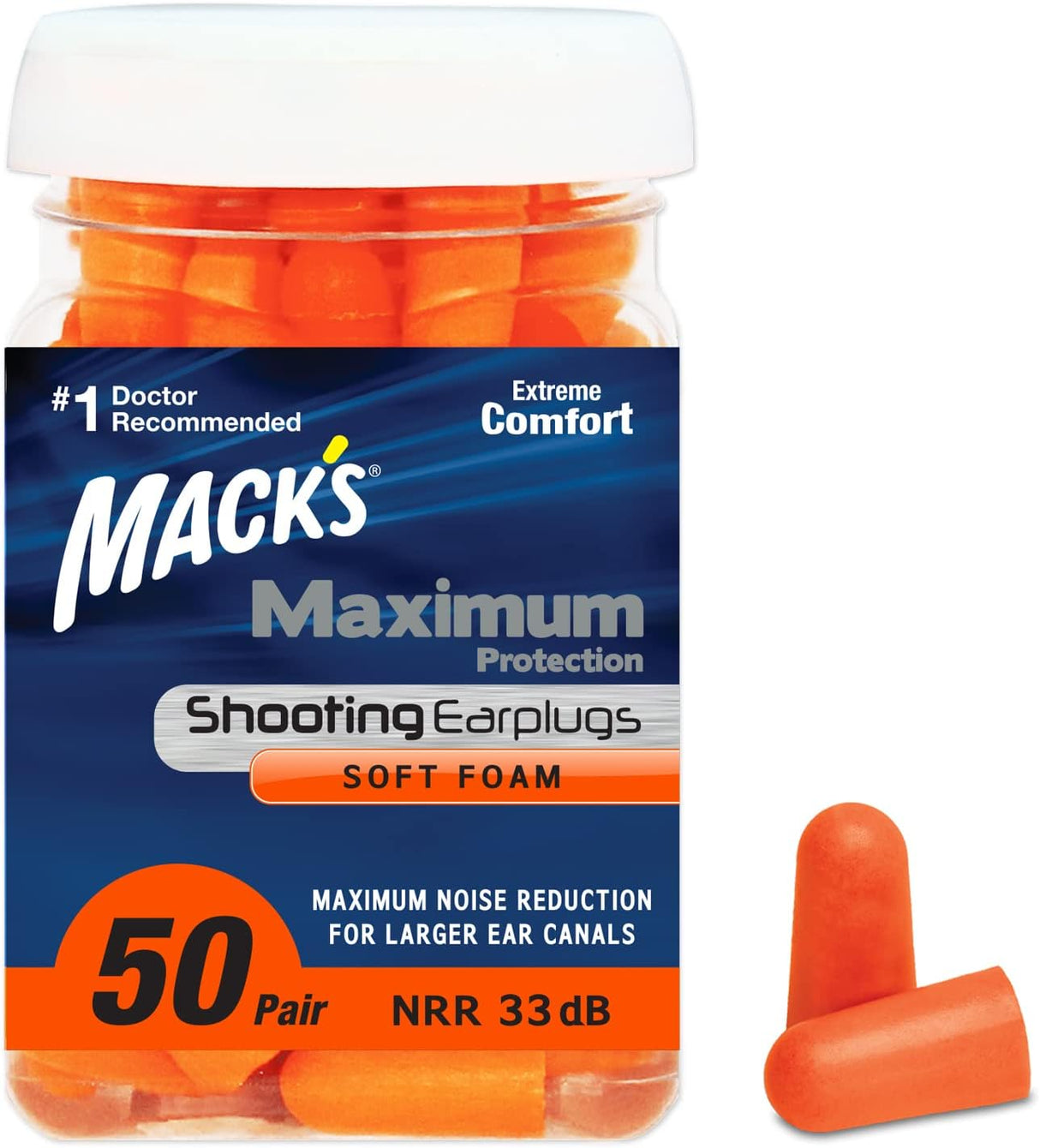Maximum Protection Soft Foam Shooting Ear Plugs, 50 Pair - 33 dB Highest NRR – Comfortable Earplugs for Hunting, Tactical, Target, Skeet and Trap Shooting | Made in USA Earplugs Mack's