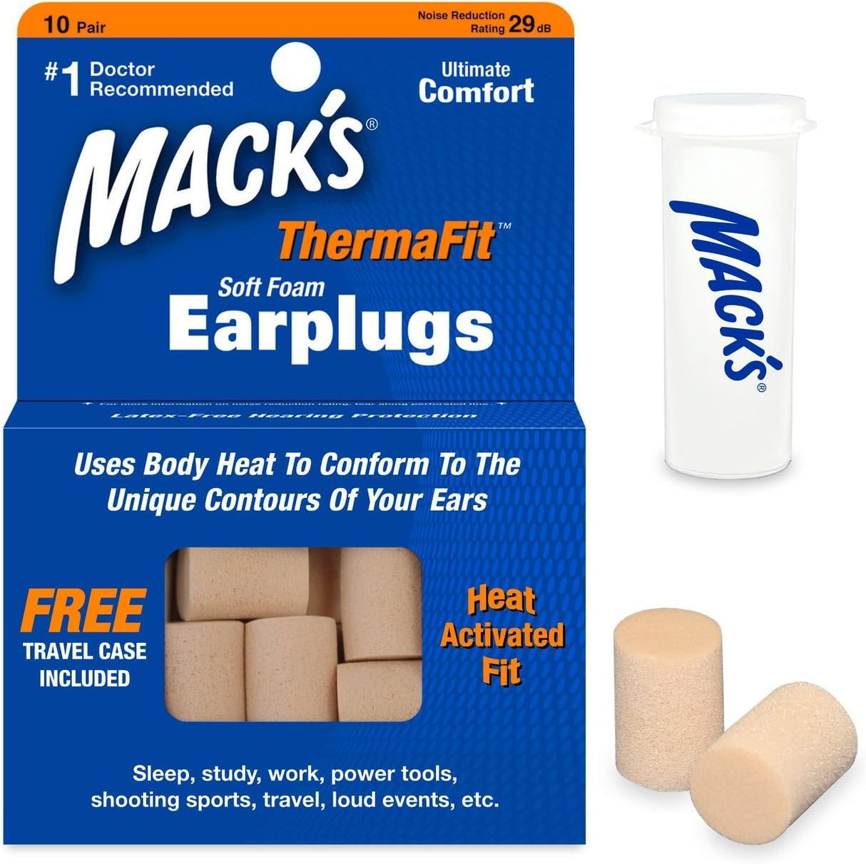 ThermaFit Soft Foam Ear Plugs Earplugs Mack's 10 Pairs