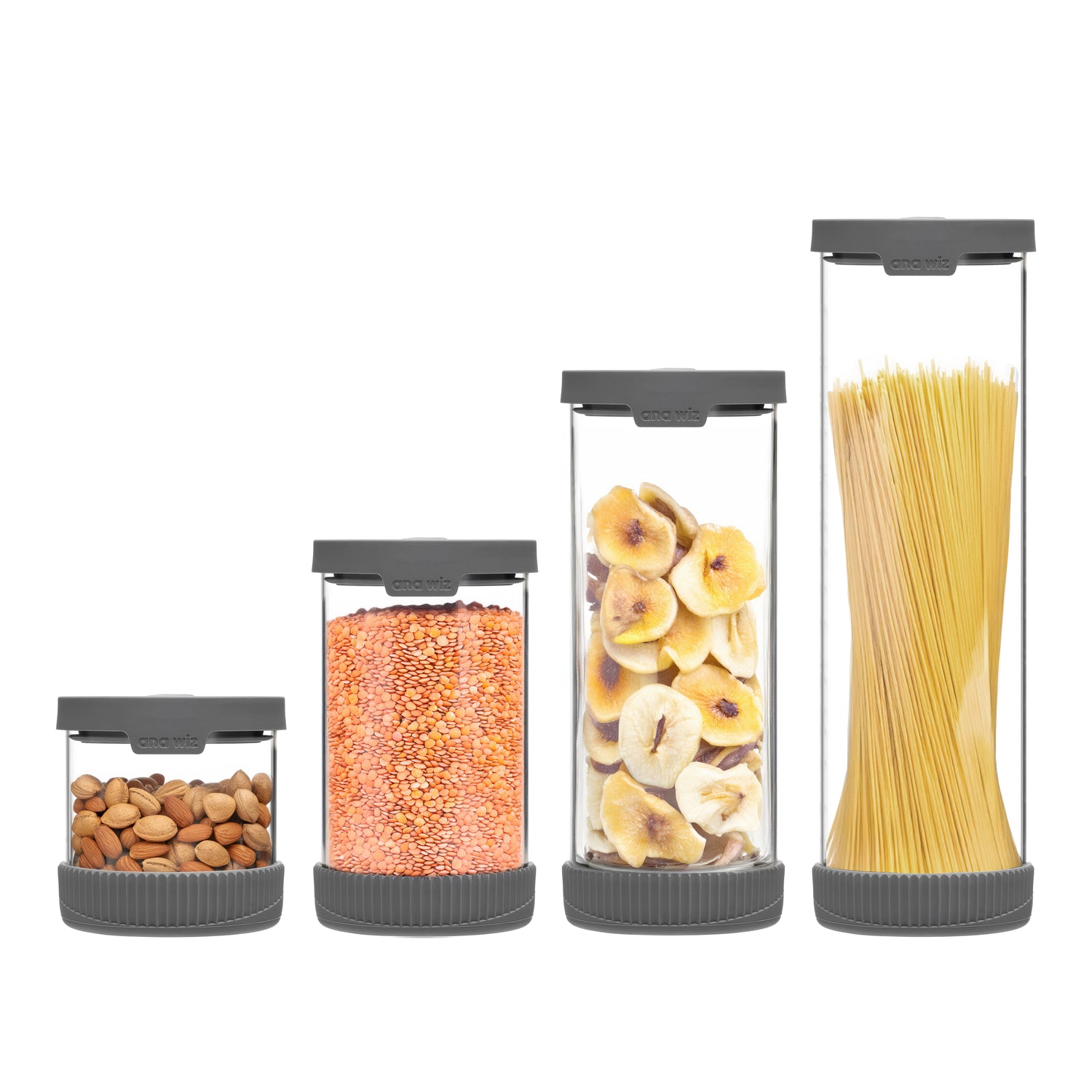 Premium Stain Resistant Borosilicate Glass Storage Jars, With Airtight Vent & Silicone Base  Ana Wiz Full Set (Pack of 4) Charcoal