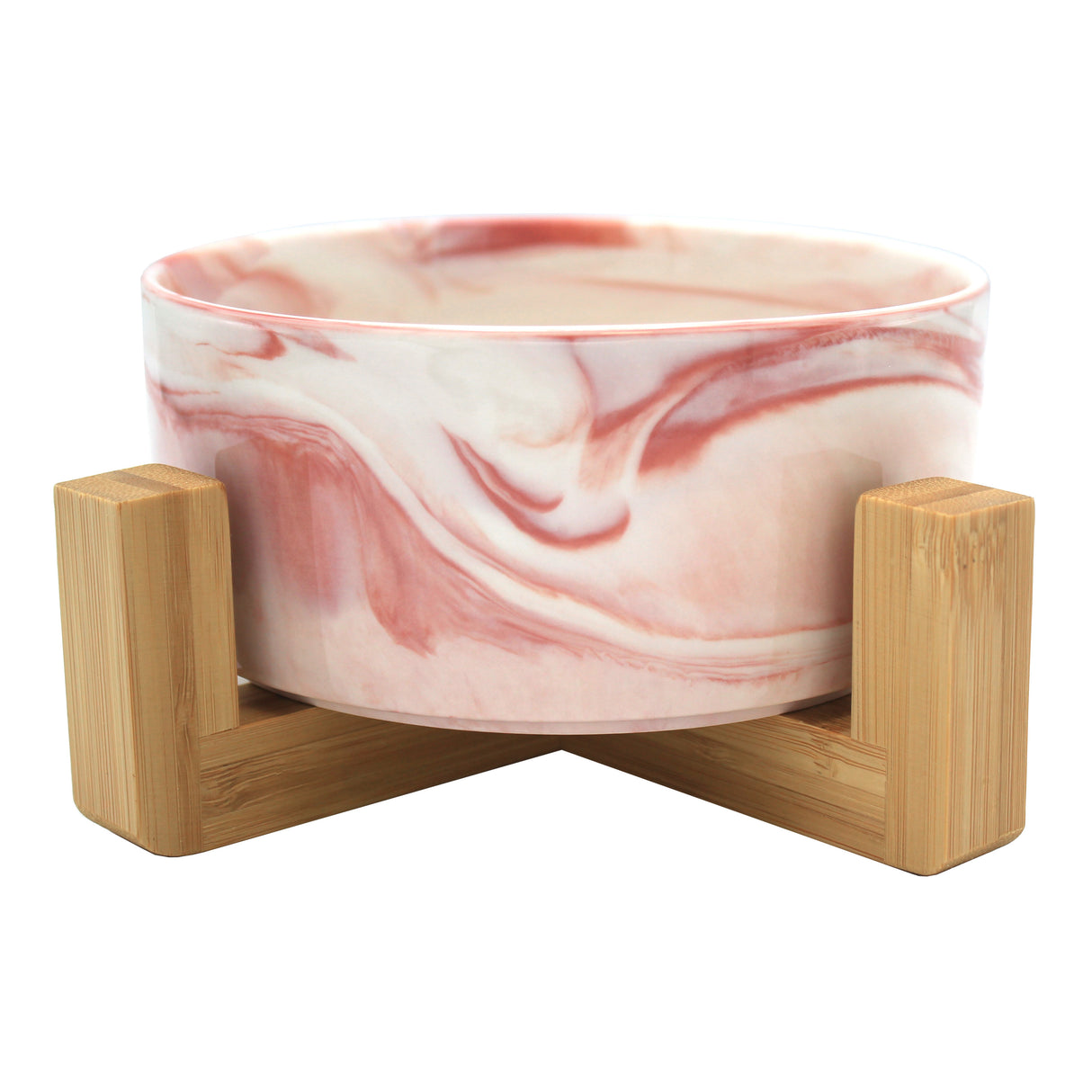 Ceramic Bowl with Bamboo Stand for Dogs & Cats Feeding Pet Wiz Marble Pink