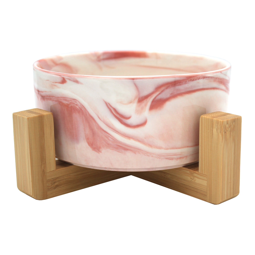Ceramic Bowl with Bamboo Stand for Dogs & Cats Feeding Pet Wiz Marble Pink  