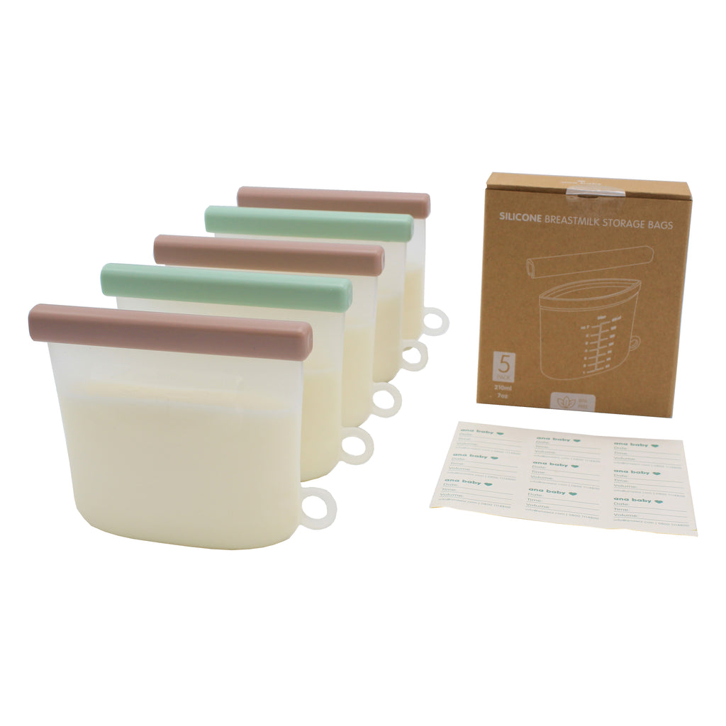 Silicone Breastmilk Storage Bags with Double Leak-Proof Seals, Pack of Five, 210ml  ana baby   