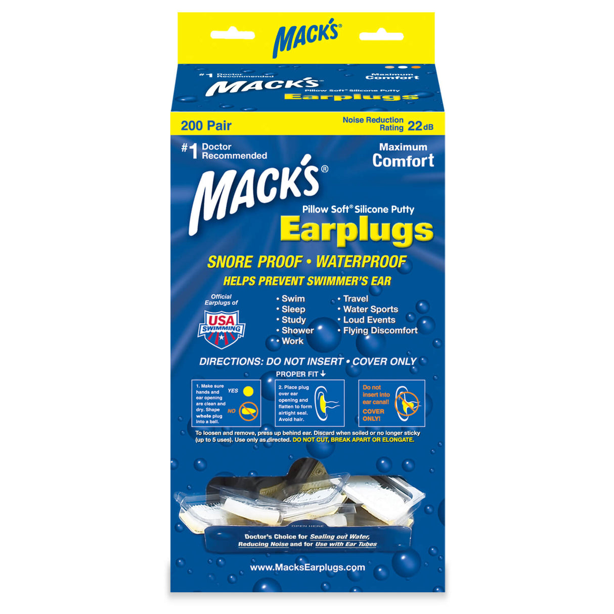 Pillow Soft Silicone Putty Earplugs - 200 Pair Dispenser - White (NRR 22) Earplugs Mack's 200 Pairs (White)
