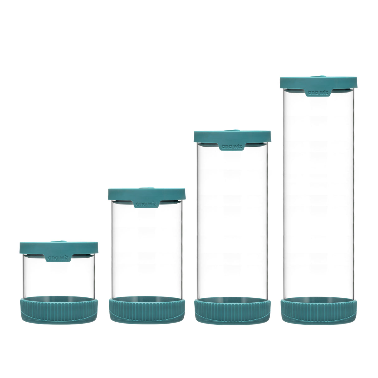 Premium Stain Resistant Borosilicate Glass Storage Jars, With Airtight Vent & Silicone Base  Ana Wiz Full Set (Pack of 4) Teal