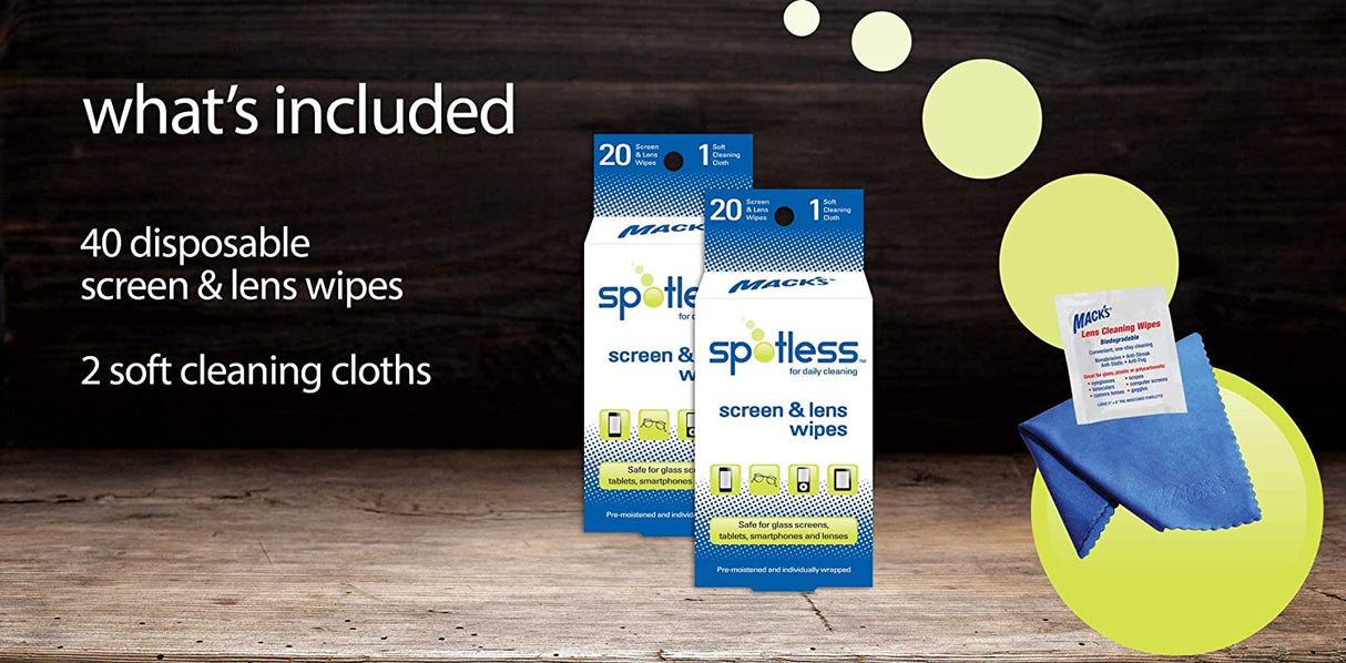 Spotless Screen and Lens Wipes (Pack of 20) - White/Blue Screen & Lens Wipes Mack's