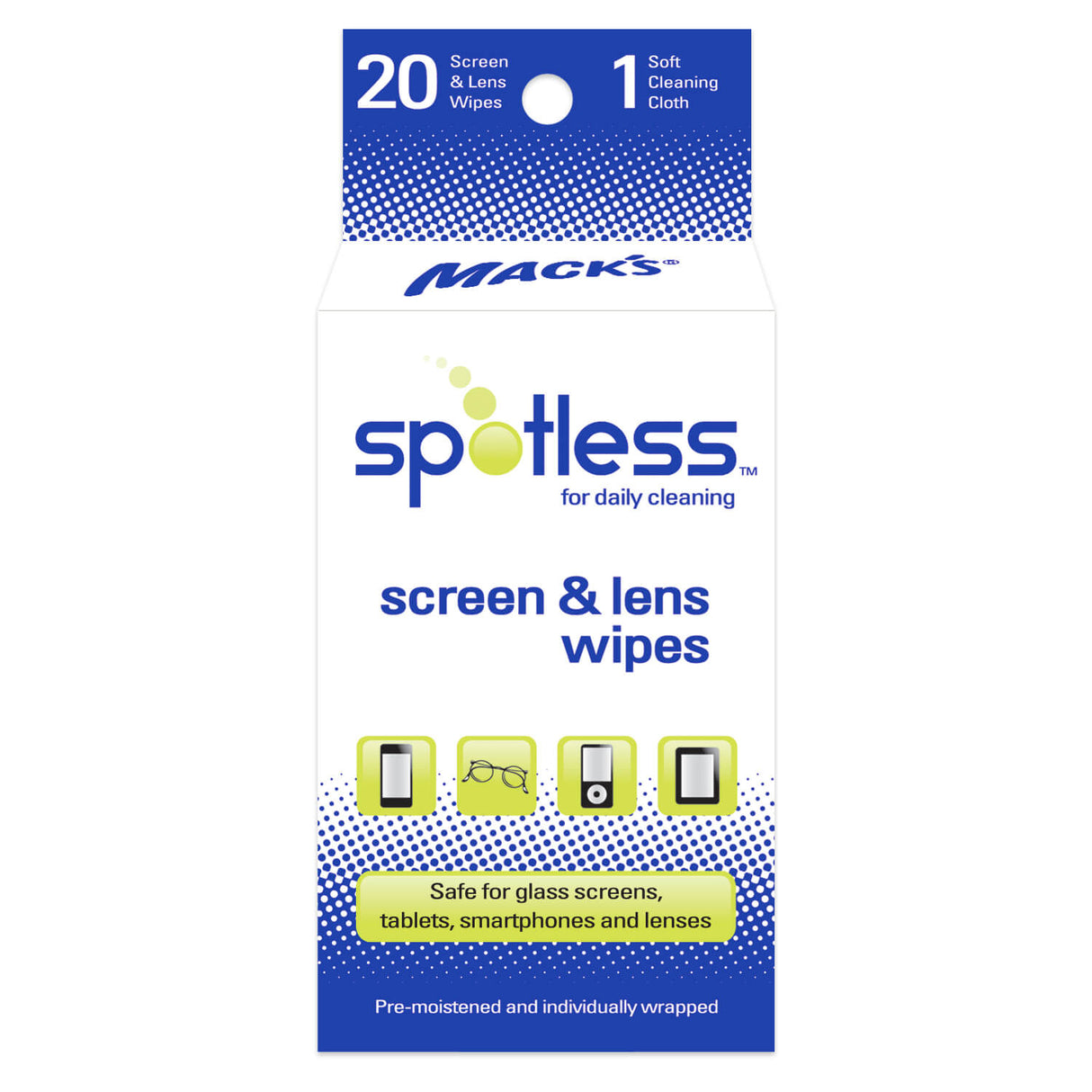 Spotless Screen and Lens Wipes (Pack of 20) - White/Blue Screen & Lens Wipes Mack's