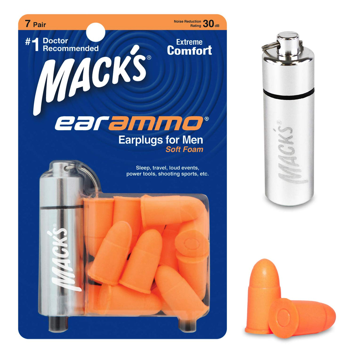 Ear Ammo Soft Foam Earplugs (7 Pairs) + Aluminium Carry Case Earplugs Mack's