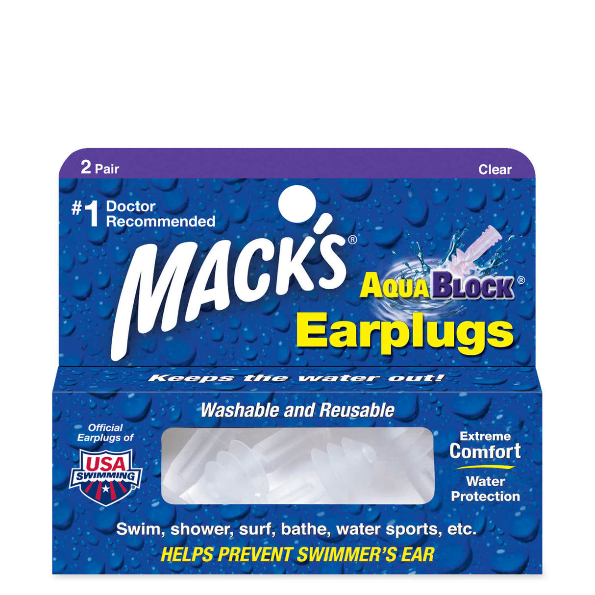 Aqua Block Ear Plugs Earplugs Mack's 2 Pairs (Clear) + Storage Case