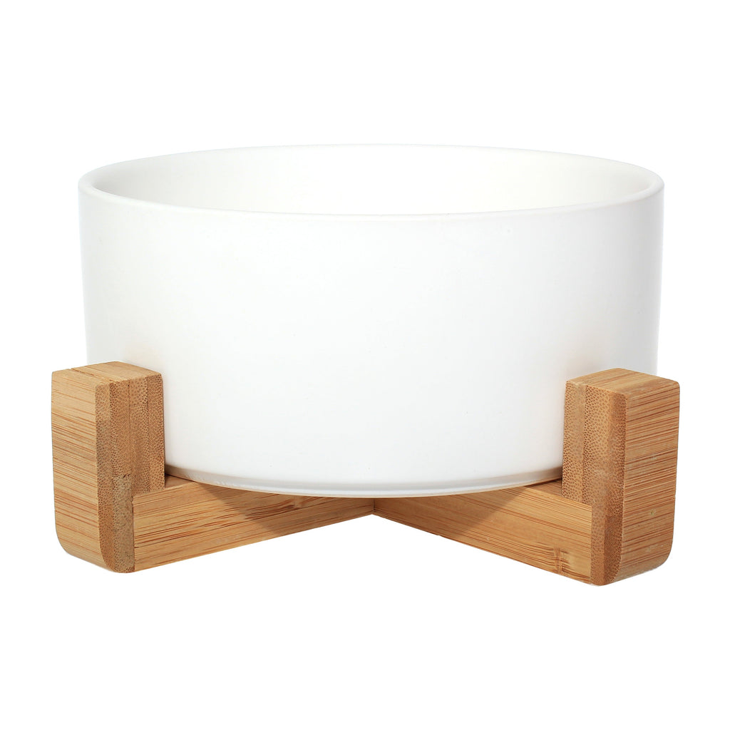 Ceramic Bowl with Bamboo Stand for Dogs & Cats Feeding Pet Wiz White  