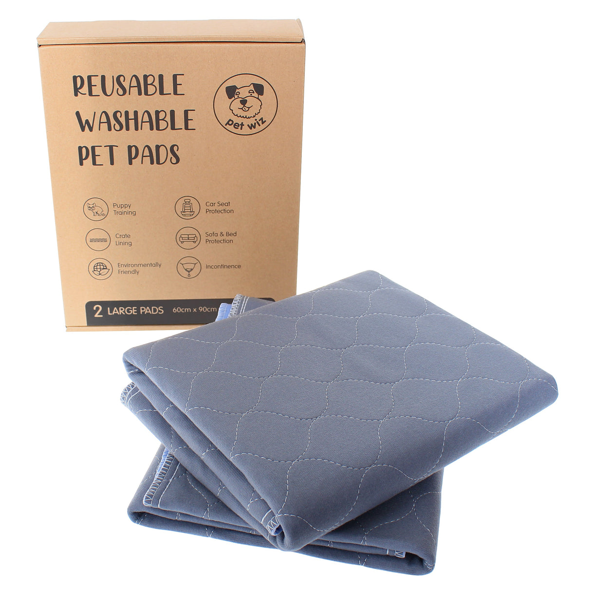 Two Pack of Large Reusable, Washable, Pet Pads in Grey (60cm x 90cm) Pet Wiz