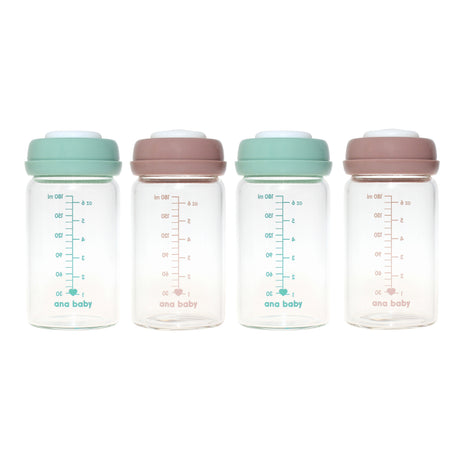Premium Glass Breastmilk Storage Bottles, Pack of Four, 180ml Milk Storage Ana Baby Pack of Four