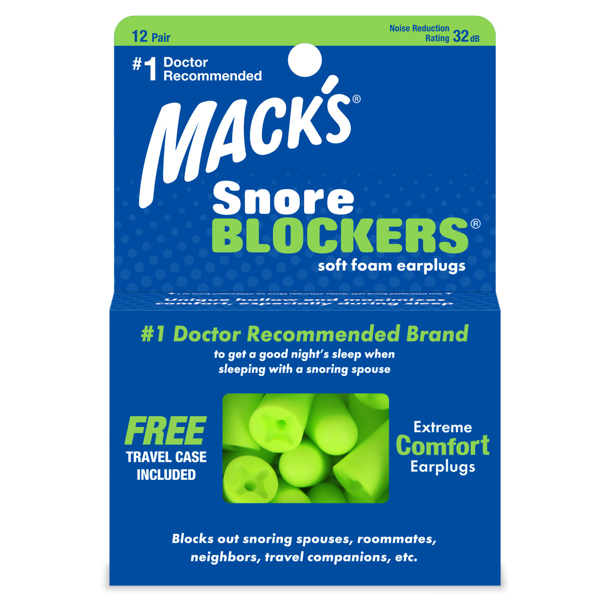 Snore Blockers Soft Foam Earplugs Earplugs Mack's 12 Pairs + Travel Case