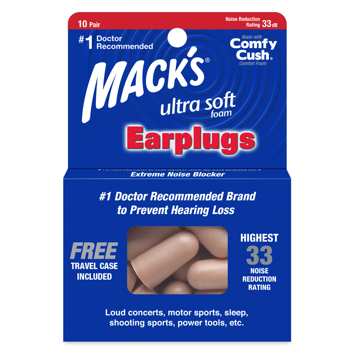High Performance Ultra Soft Foam Earplugs Earplugs Mack's 7 Pairs + Travel Case