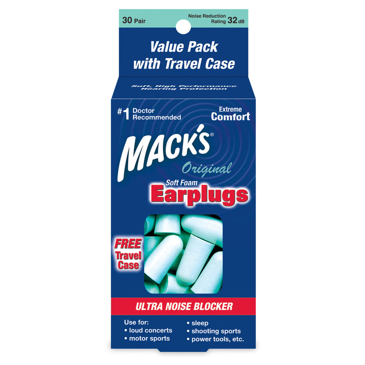 Original Soft Foam Earplugs Earplugs Mack's 30 Pairs + Travel Case