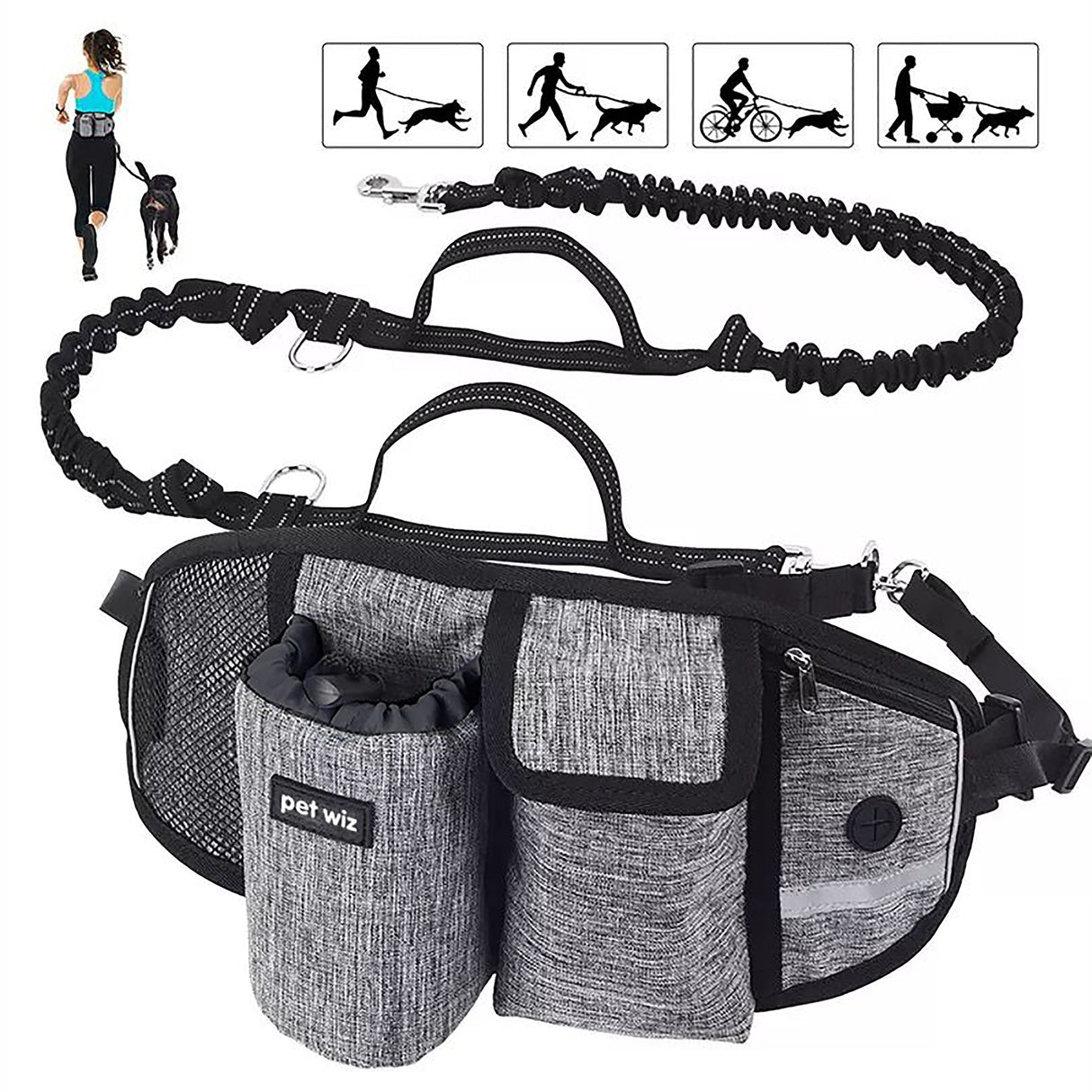 Hands Free Dog Running Lead. Pet Wiz Grey
