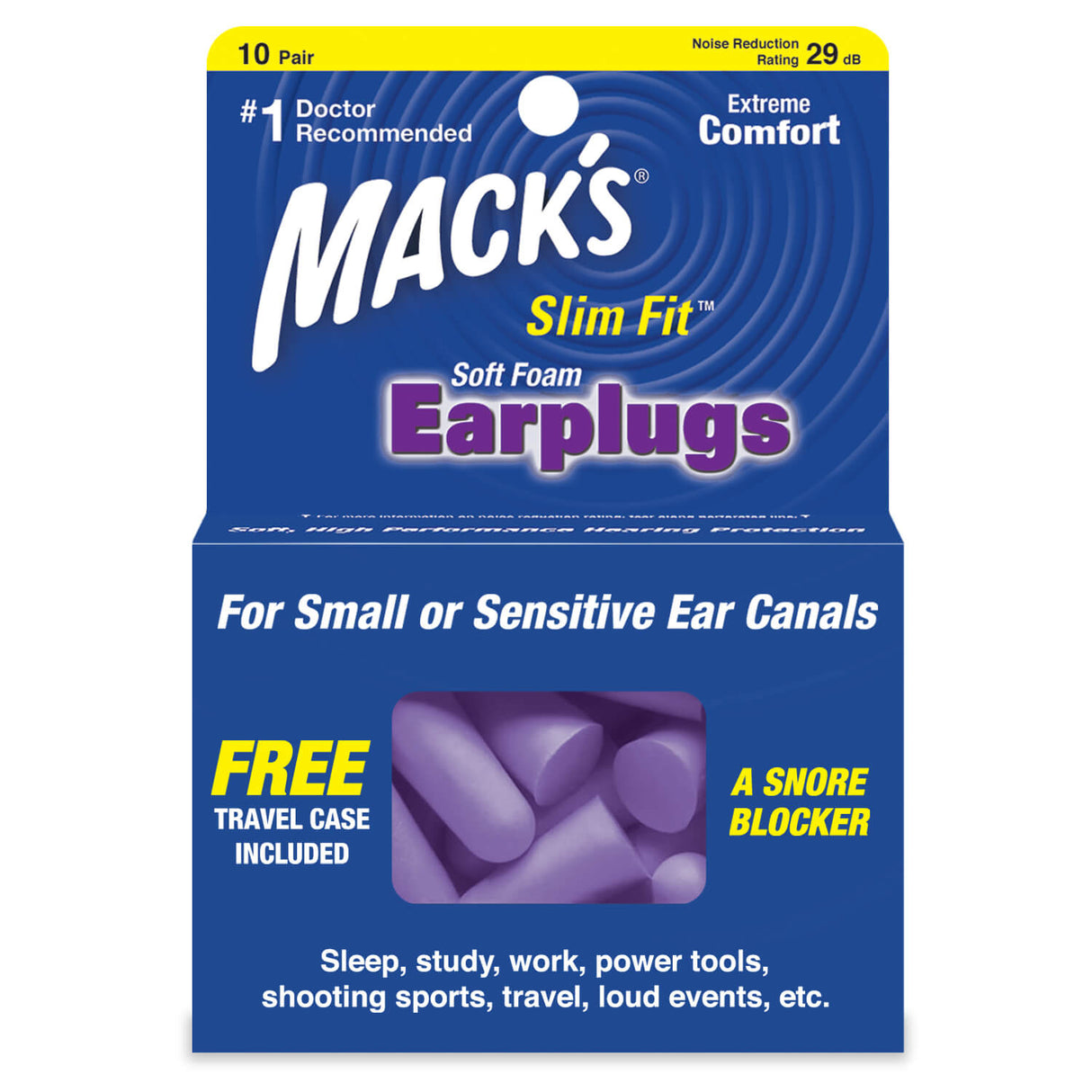Safesound Soft Foam Slim Fit Earplugs Earplugs Mack's 10 Pairs + Travel Case