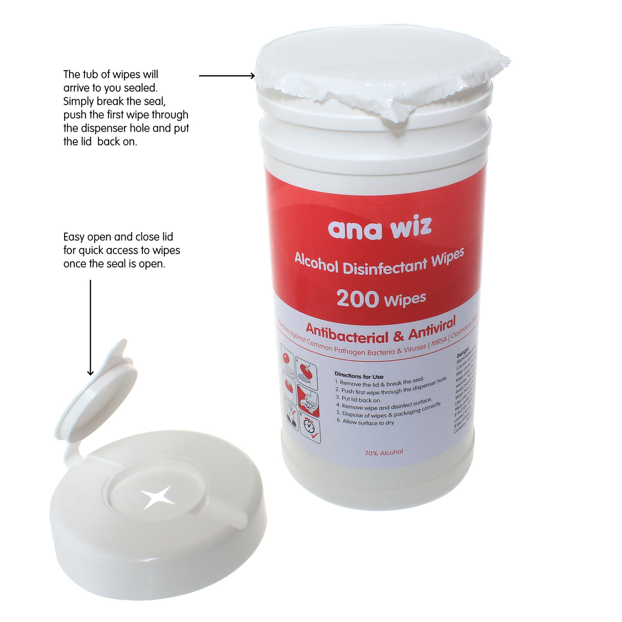 Alcohol Disinfectant Wipes (200 Sheet Tub) Clinical Wipes Ana Wiz