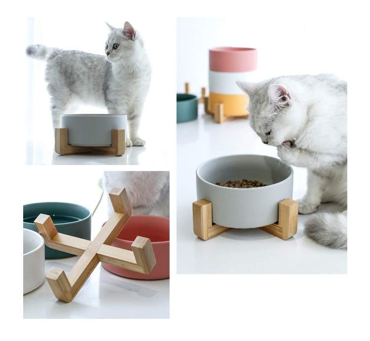 Ceramic Bowl with Bamboo Stand for Dogs & Cats Feeding Pet Wiz