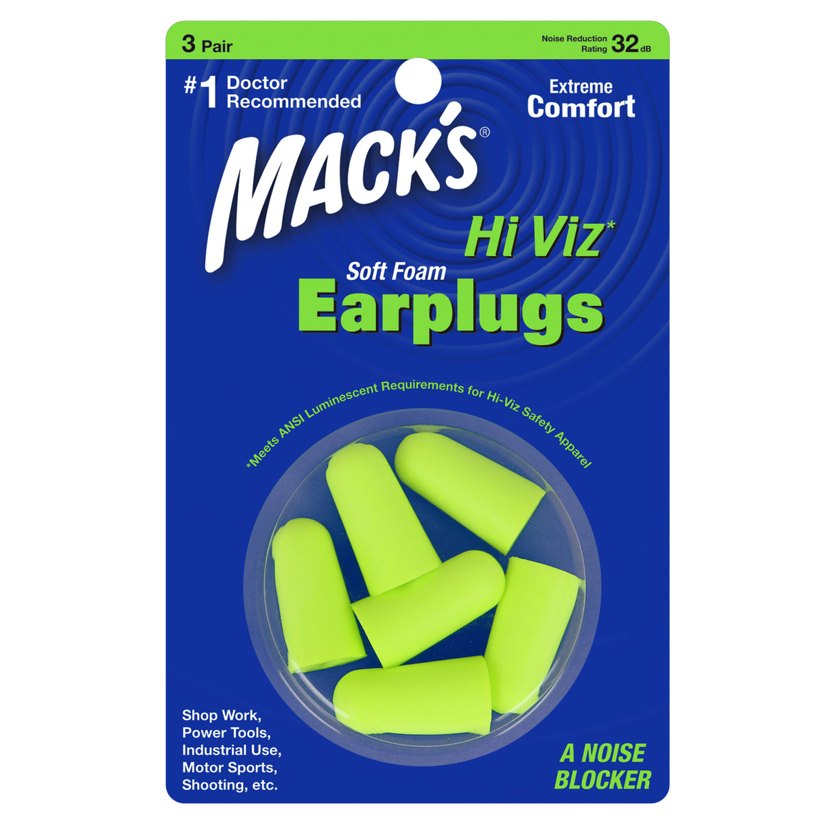 Hi Viz Soft Foam Ear Plugs Earplugs Mack's 3 Pairs