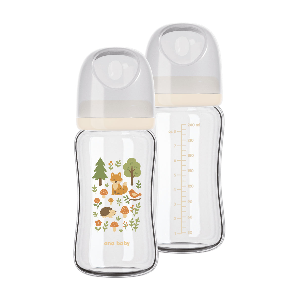 Outlet - Pure Borosilicate Glass Feeding Bottles – 2 Pack of Woodland Design Feeding Bottle Ana Baby