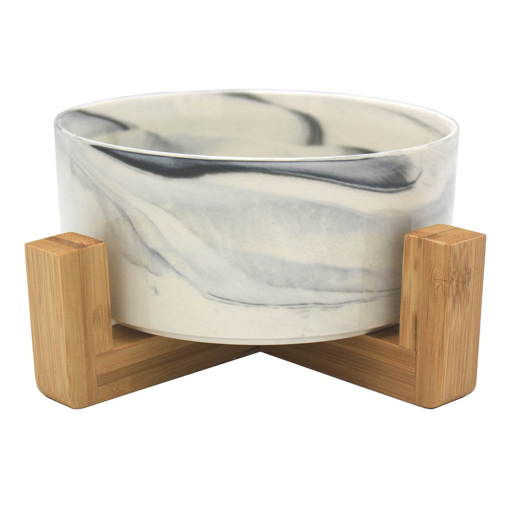 Ceramic Bowl with Bamboo Stand for Dogs & Cats Feeding Pet Wiz Marble Grey  
