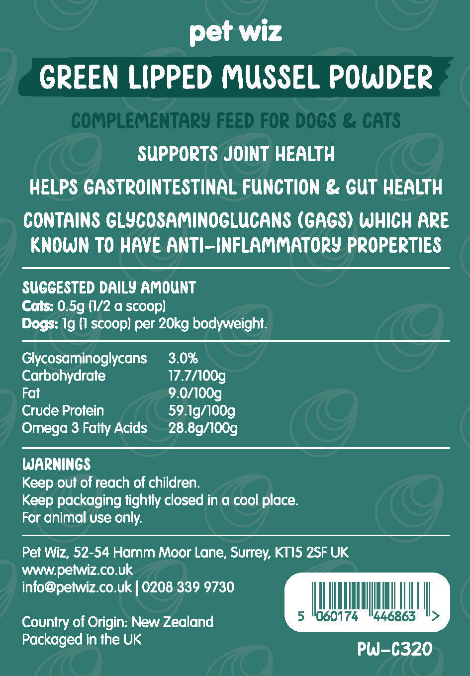 Green Lipped Mussel Powder - 100g  Pet Wiz   