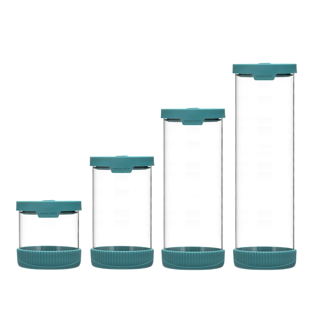 Premium Stain Resistant Borosilicate Glass Storage Jars, With Airtight Vent & Silicone Base  Ana Wiz Full Set (Pack of 4) Teal 