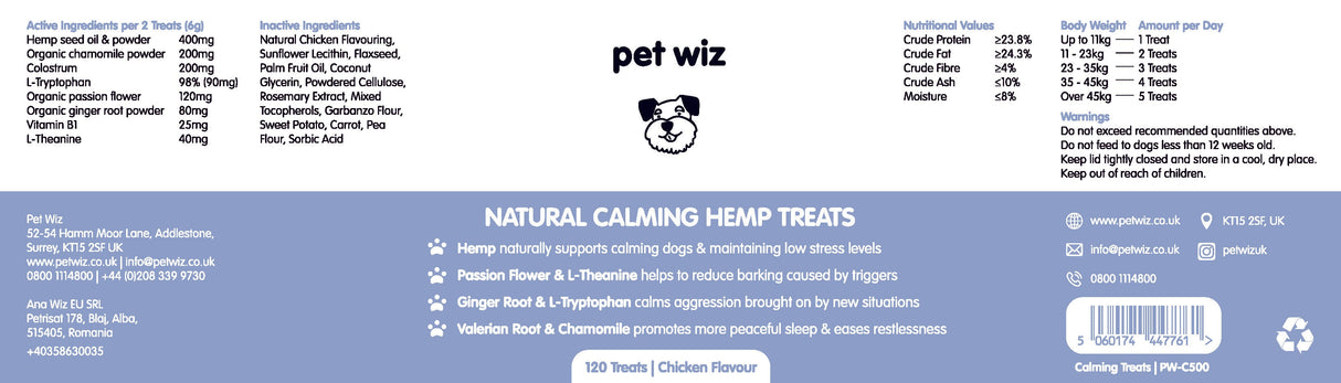 Natural Calming Hemp Treats - Pack of 120 - Chicken Flavour Supplements Pet Wiz   