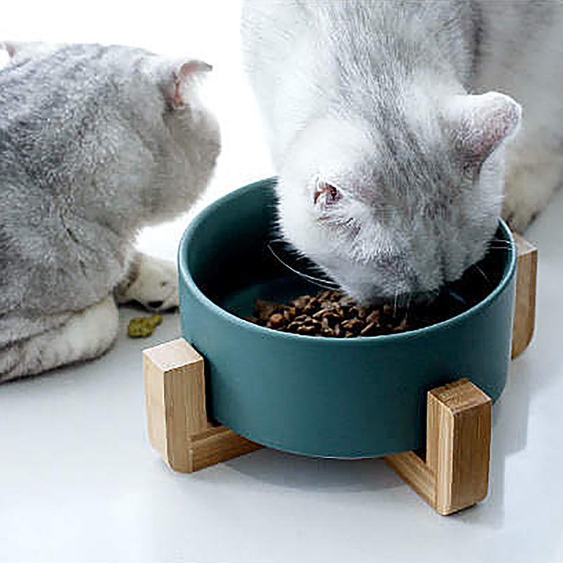Ceramic Bowl with Bamboo Stand for Dogs & Cats Feeding Pet Wiz   