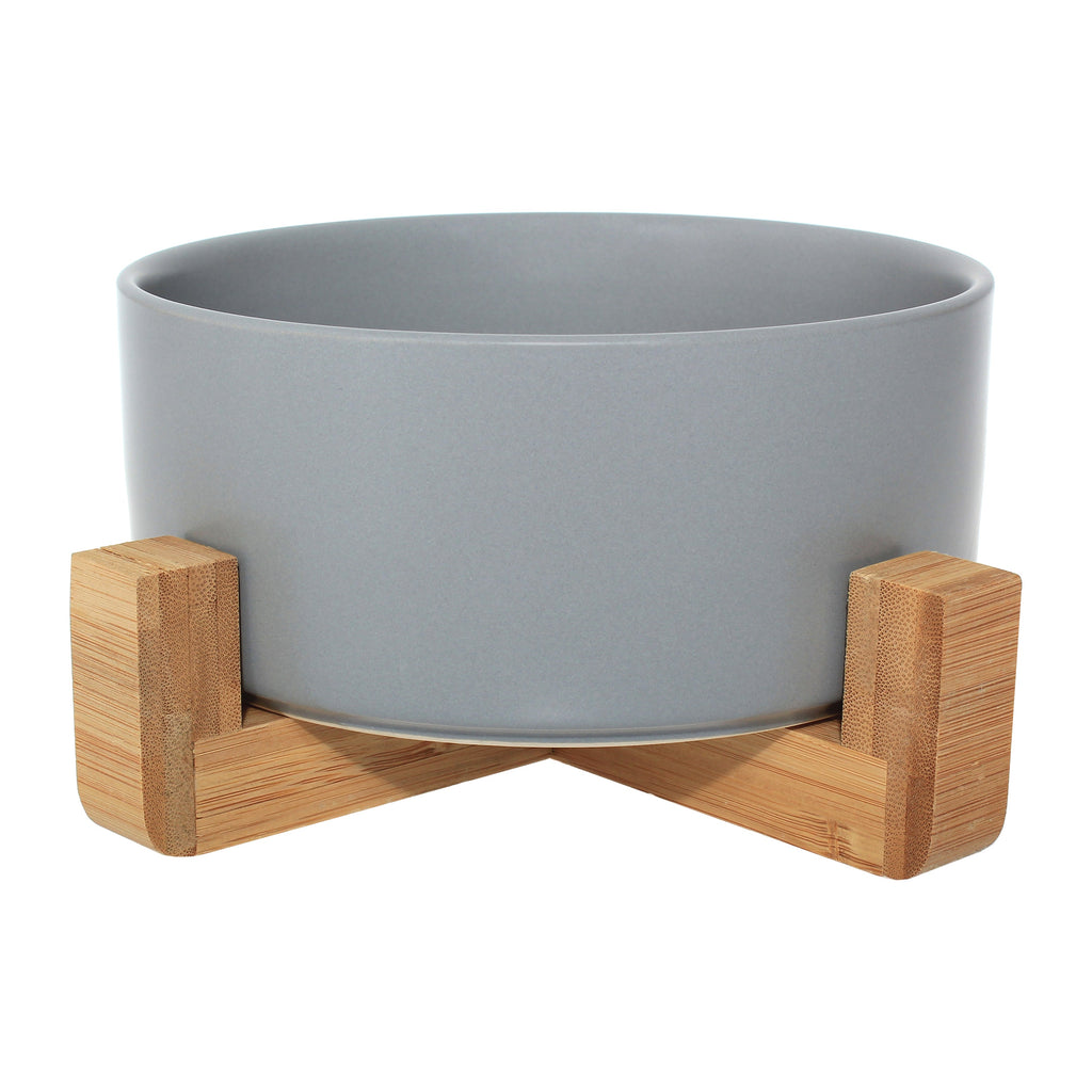Ceramic Bowl with Bamboo Stand for Dogs & Cats Feeding Pet Wiz Grey  