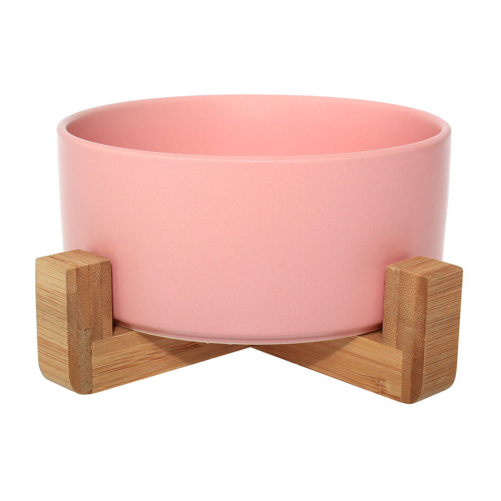 Ceramic Bowl with Bamboo Stand for Dogs & Cats Feeding Pet Wiz Pink  