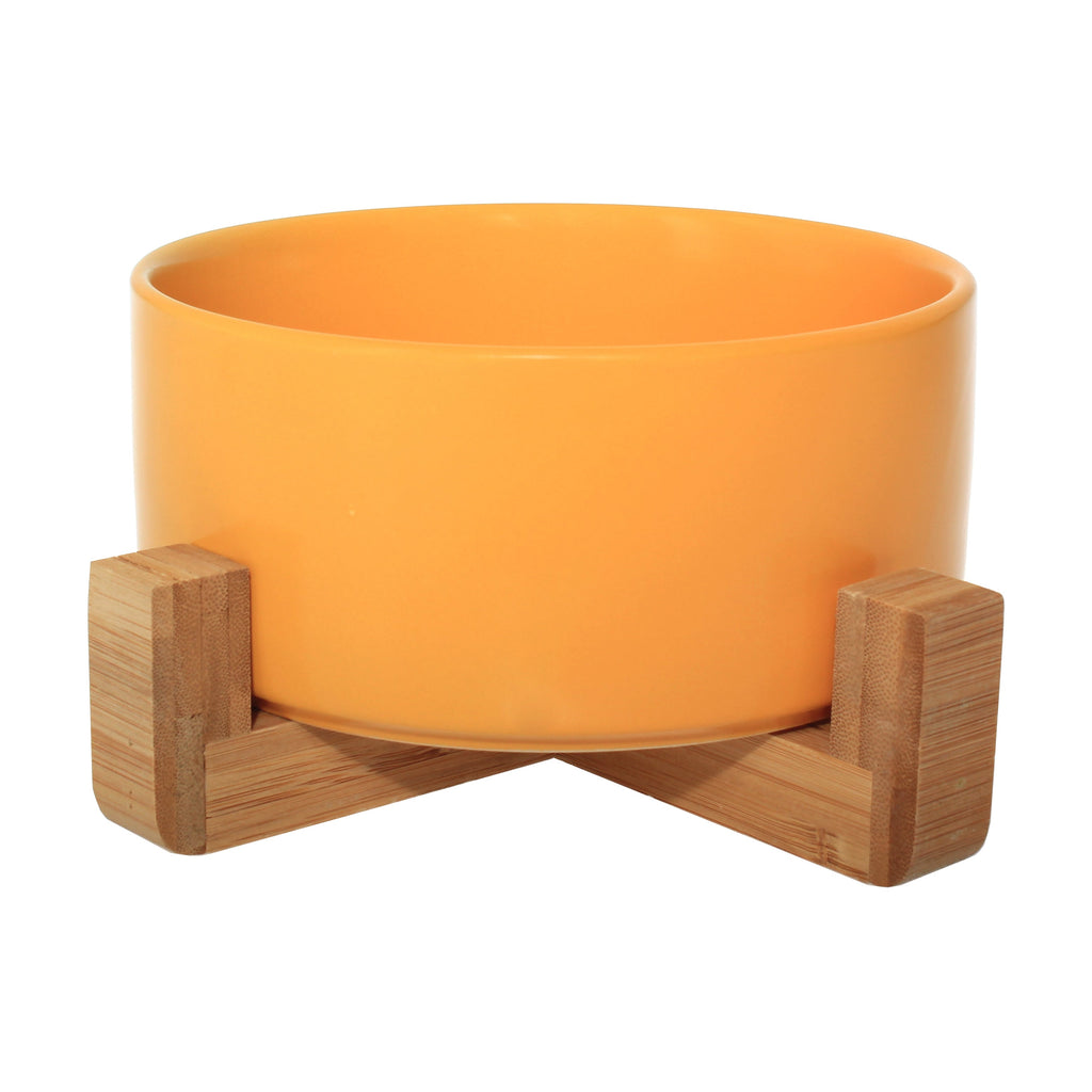 Ceramic Bowl with Bamboo Stand for Dogs & Cats Feeding Pet Wiz Yellow  