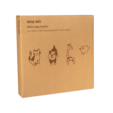 Extra Large Super Soft Muslins - Animal Designs - Gift Pack Baby Health Ana Wiz Four Pack  