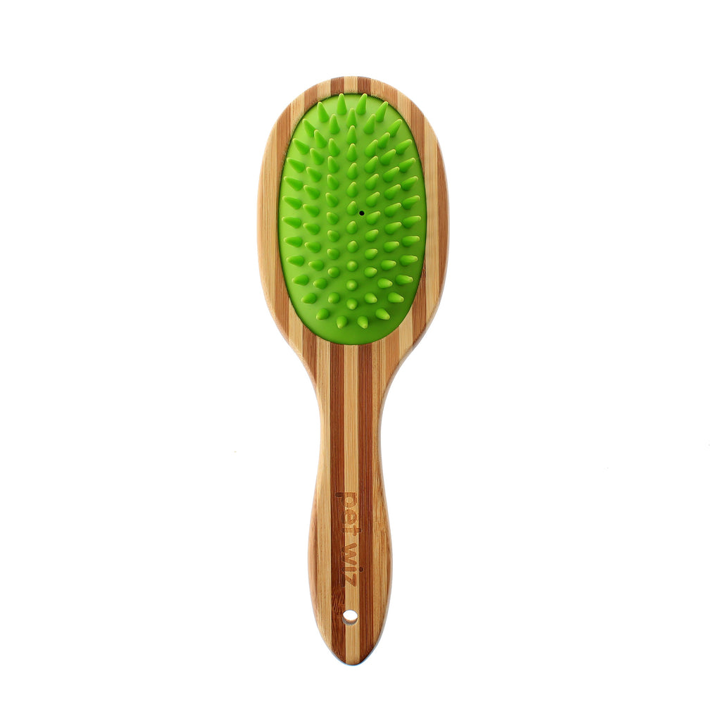 Double Sided Bamboo Dog Brush with Silicone Massager for Grooming Brush Pet Wiz   