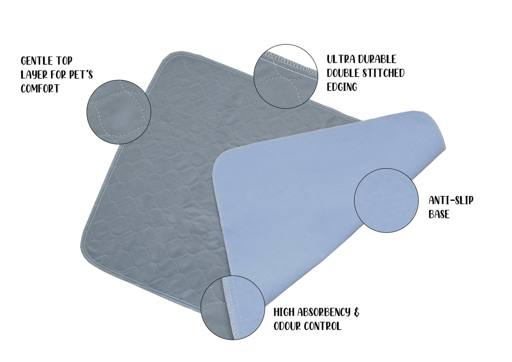Two Pack of Large Reusable, Washable, Pet Pads in Grey (60cm x 90cm), Four Absorbency Layers & Slip Resistant Backing, For Training and Incontinence  Pet Wiz   